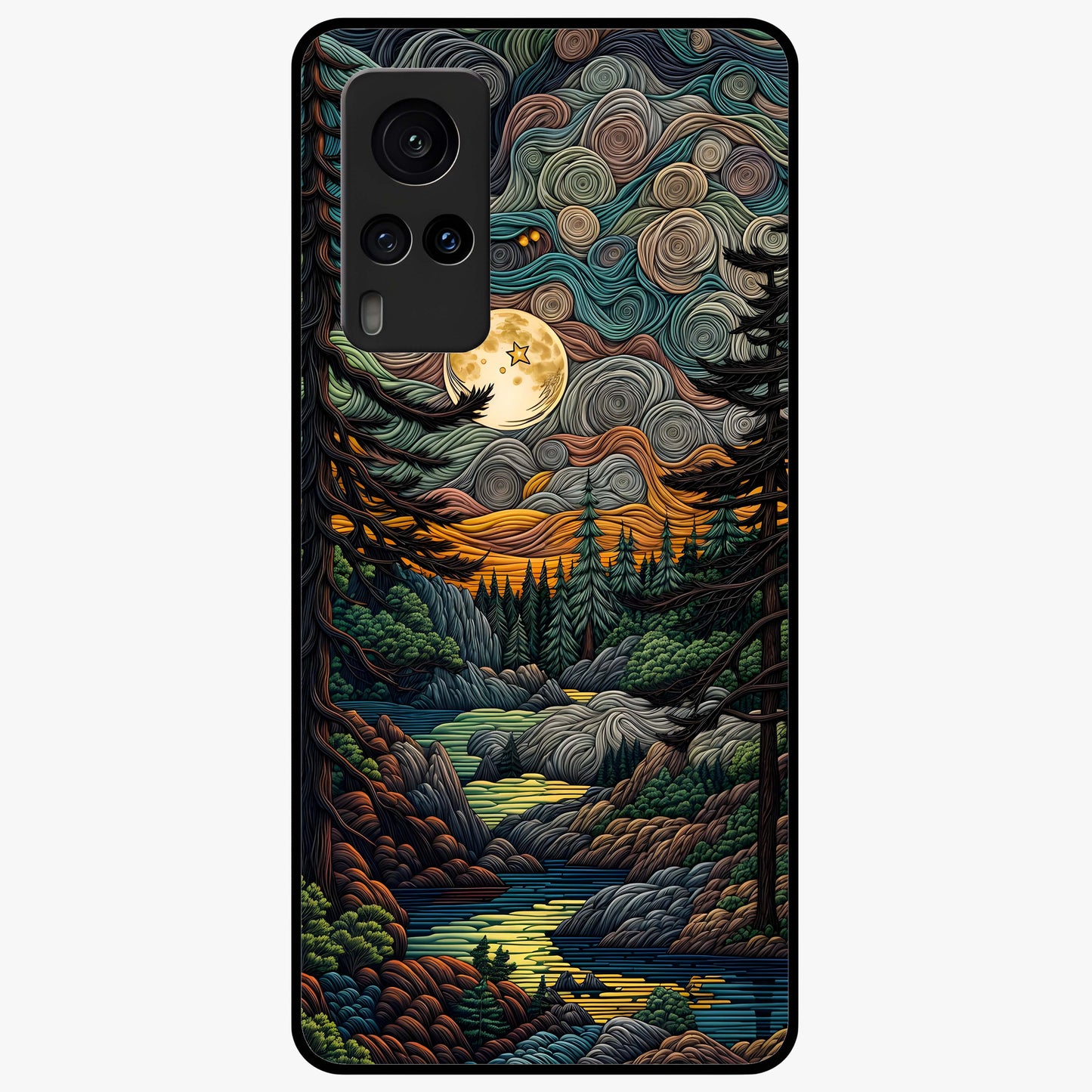 Moonlight Forest Dream Glass Case showing flat back view with mystical forest moonlight artwork and glossy glass finish.