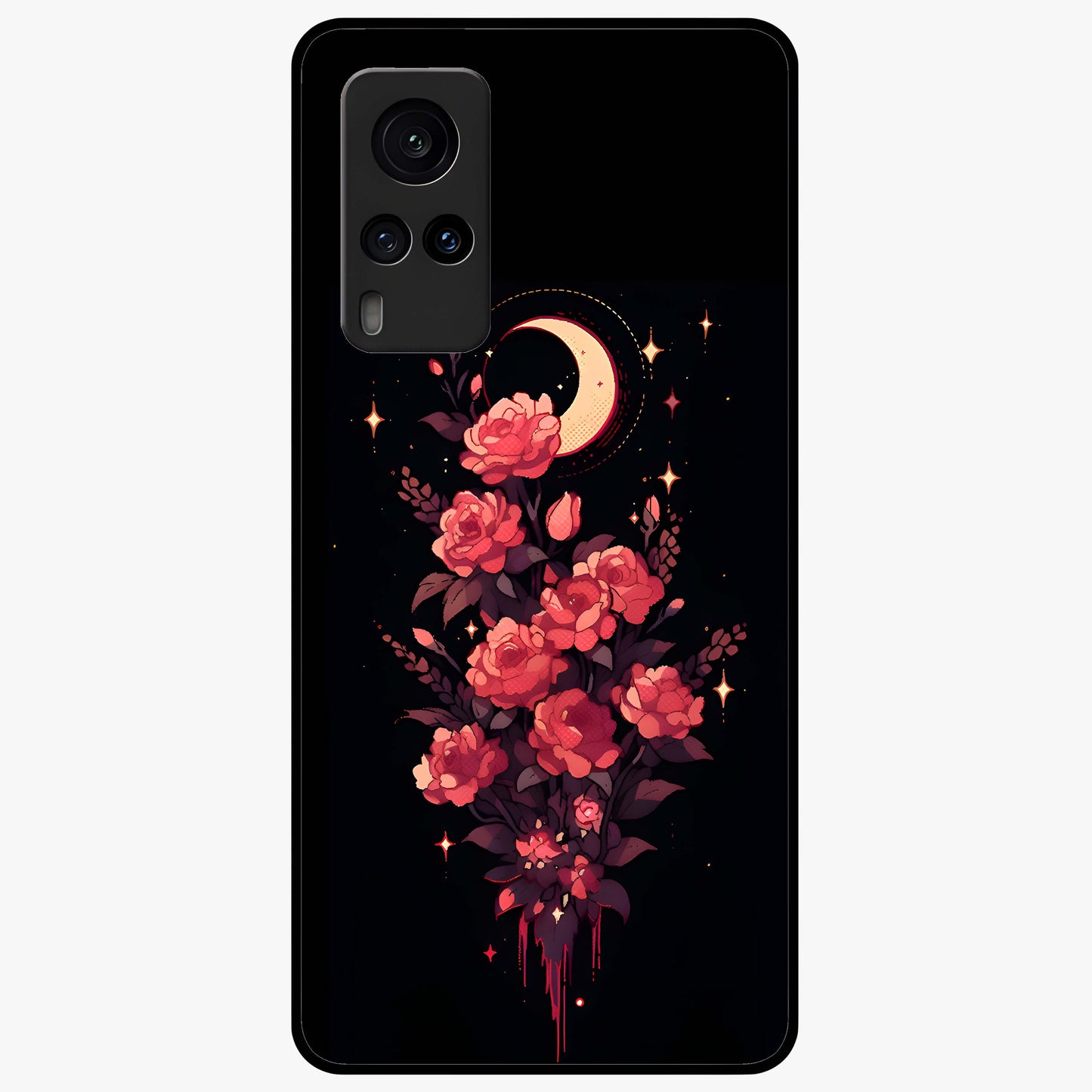 Moonlit Floral Elegance Glass Case showing flat back view with elegant floral artwork under moonlit tones and glossy glass finish.