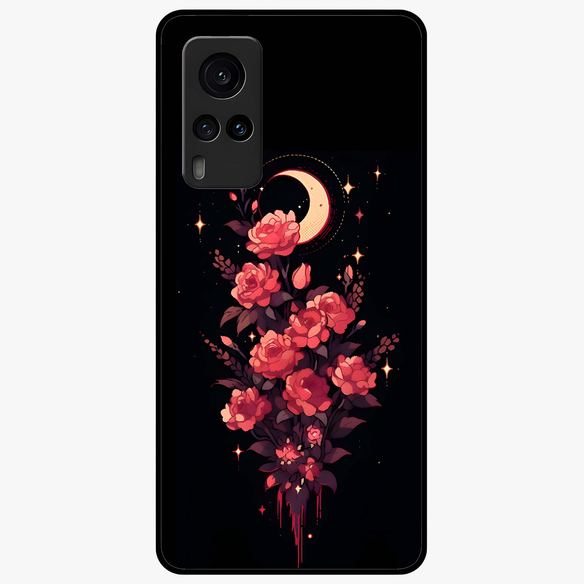 Moonlit Floral Elegance Glass Case showing flat back view with elegant floral artwork under moonlit tones and glossy glass finish.
