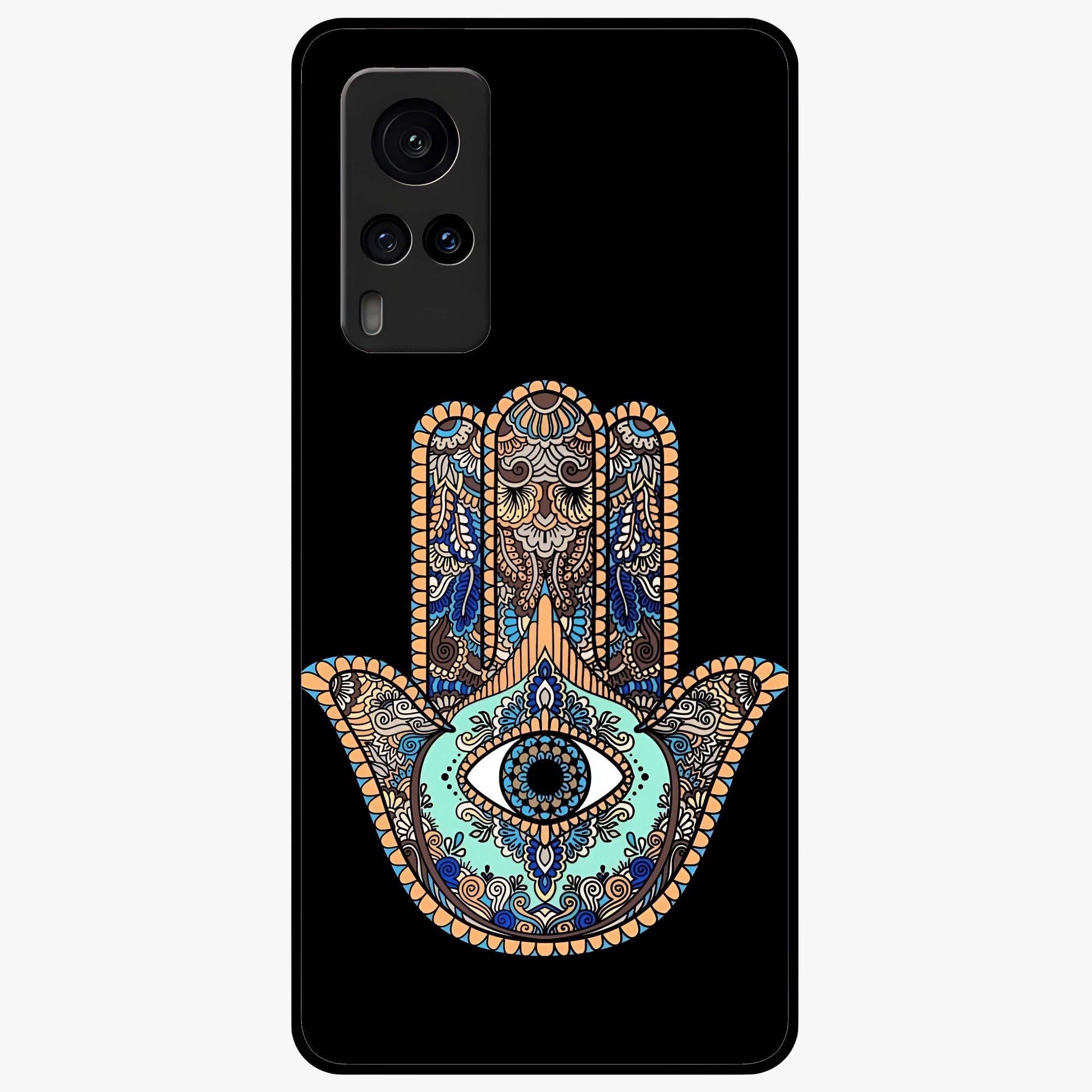 Mystic Hamsa Eye Glass Case showing flat back view with protective hamsa hand and evil eye artwork and glossy glass finish.