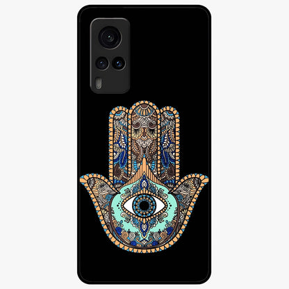 Mystic Hamsa Eye Glass Case showing flat back view with protective hamsa hand and evil eye artwork and glossy glass finish.