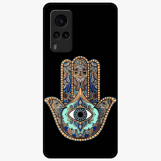 Mystic Hamsa Eye Glass Case showing flat back view with protective hamsa hand and evil eye artwork and glossy glass finish.