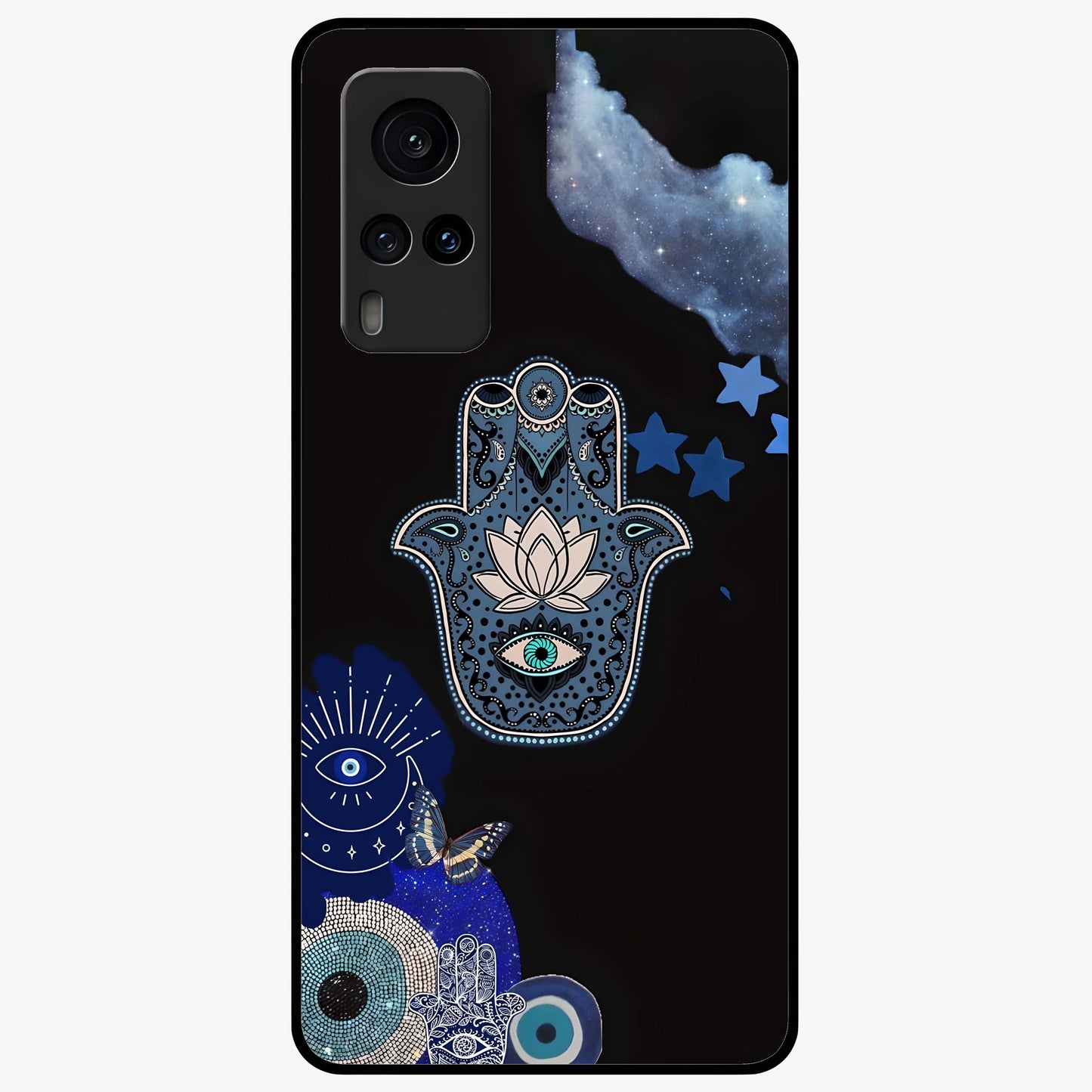 Mystic Hand Aura Glass Case showing flat back view with mystical hand symbol artwork and glossy glass finish.