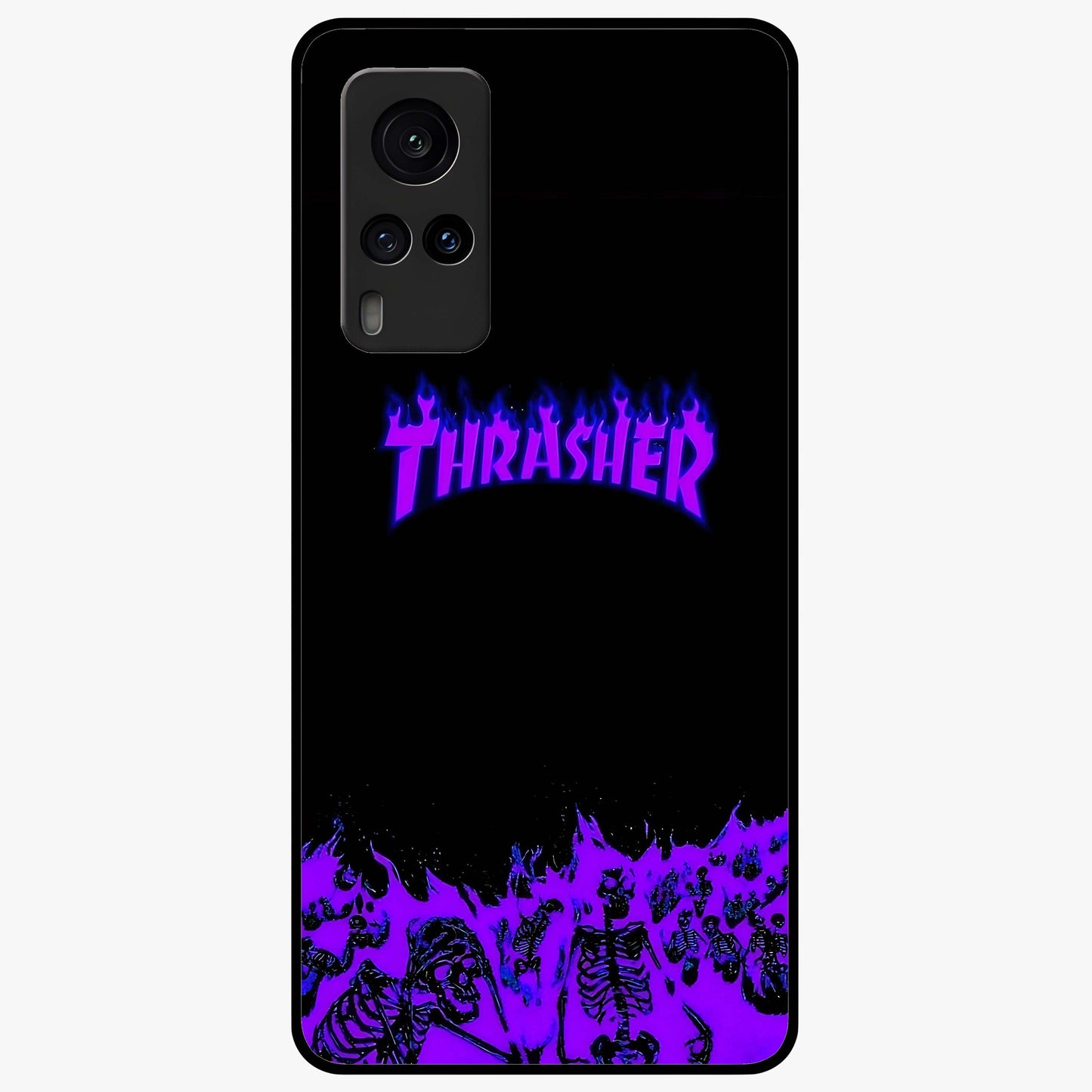 Neon Flame Riot Glass Case showing flat back view with neon flame artwork and glossy glass finish.