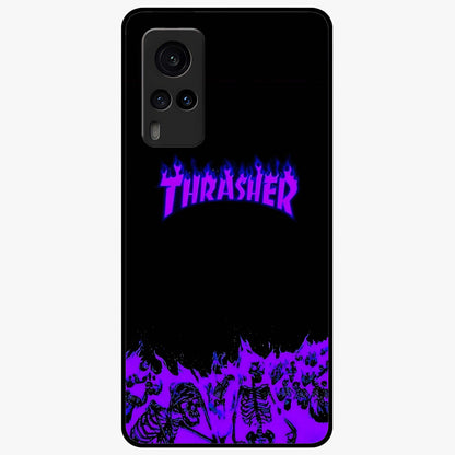 Neon Flame Riot Glass Case showing flat back view with neon flame artwork and glossy glass finish.