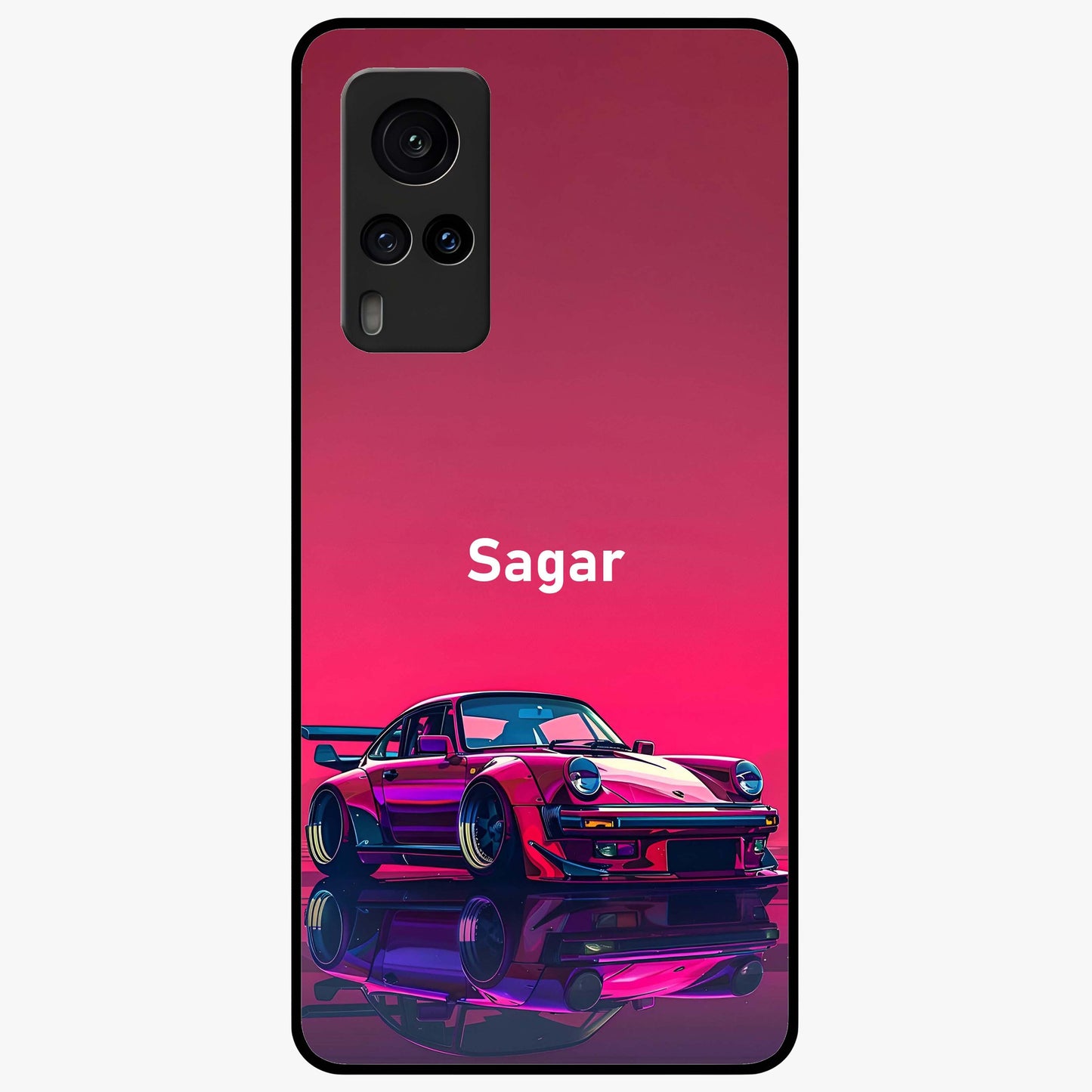 Neon Pink Porsche Glass Case showing flat back view with stylish sports car artwork and glossy glass finish.