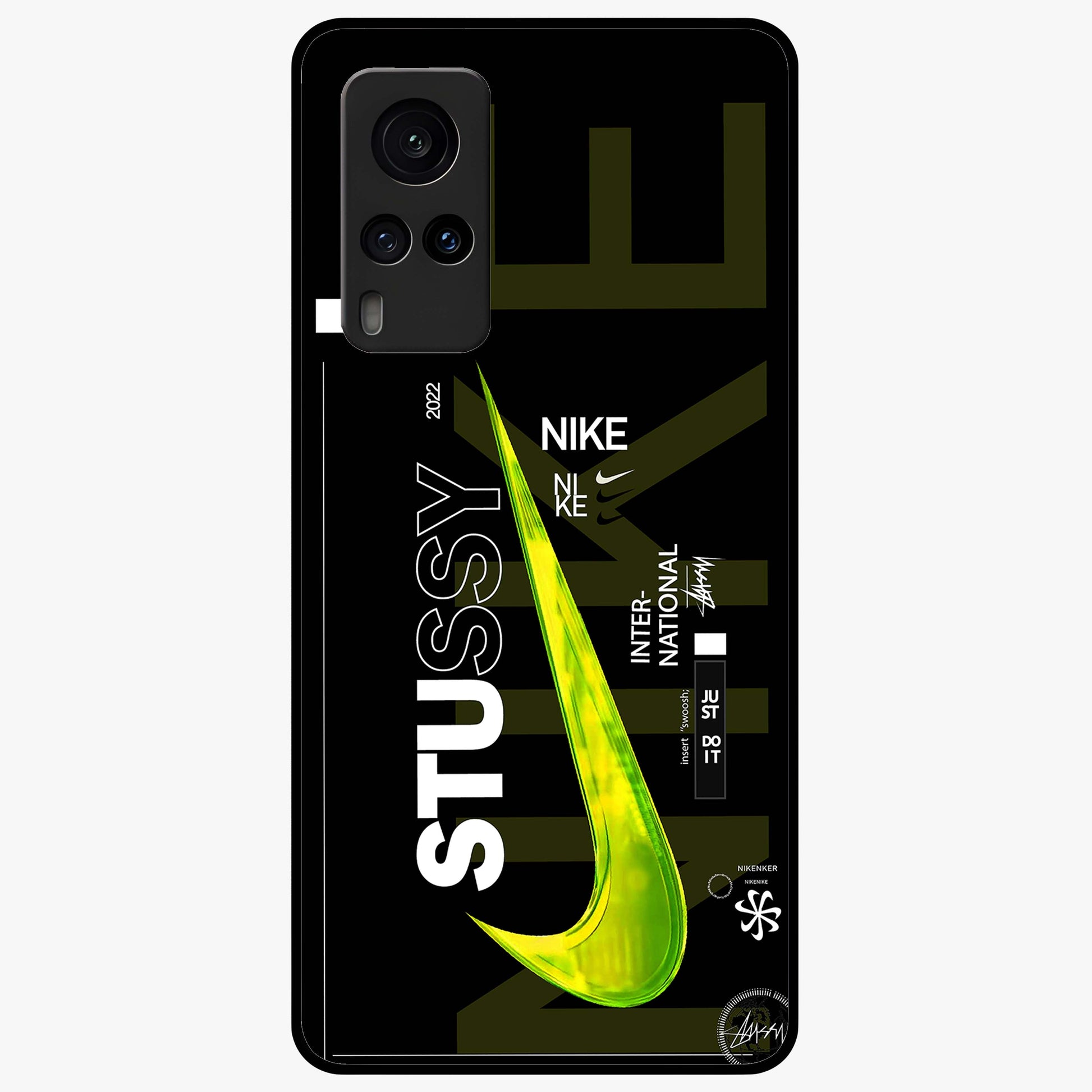 Neon Street Edition Glass Case showing flat back view with neon street style artwork and glossy glass finish.