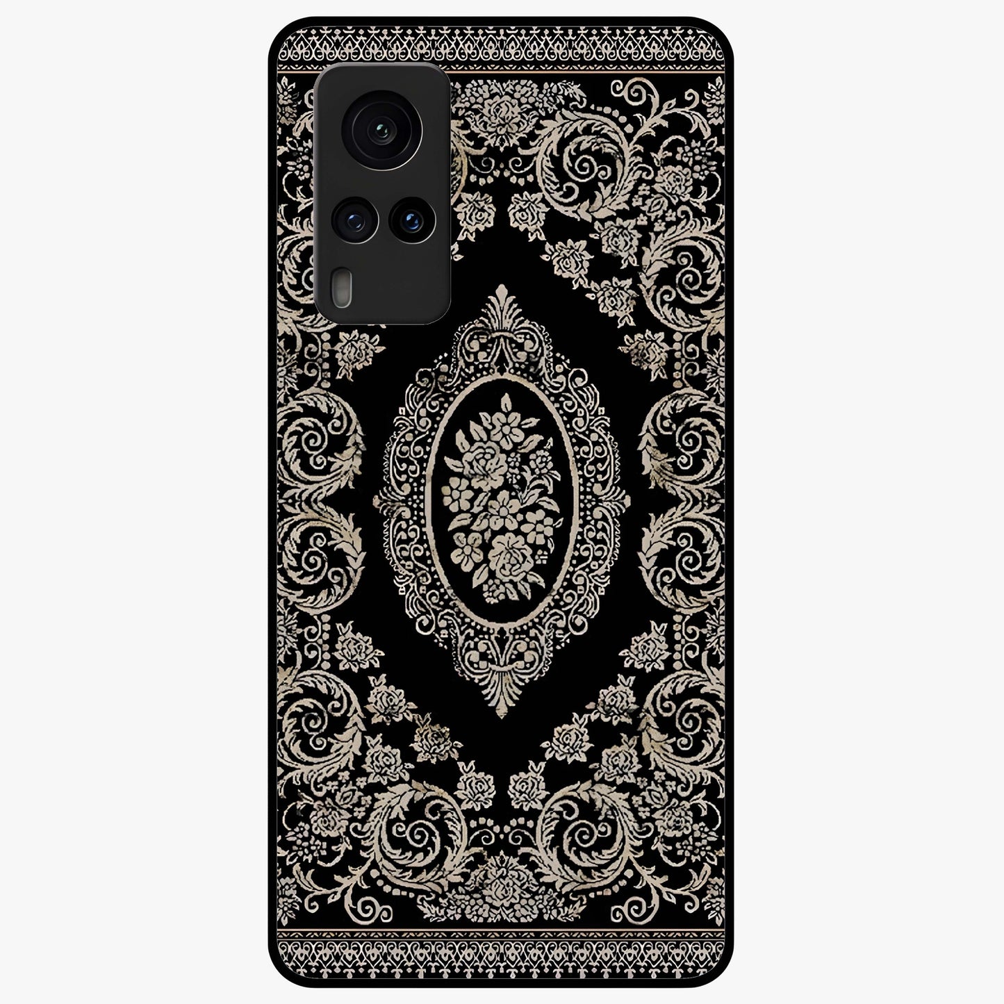 Noir Bloom Elegance Glass Case showing flat back view with elegant dark floral artwork and glossy glass finish.