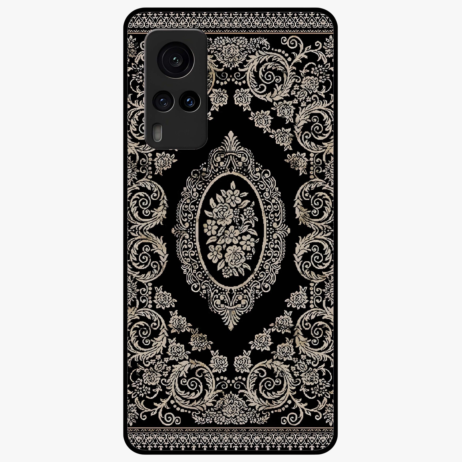 Noir Bloom Elegance Glass Case showing flat back view with elegant dark floral artwork and glossy glass finish.
