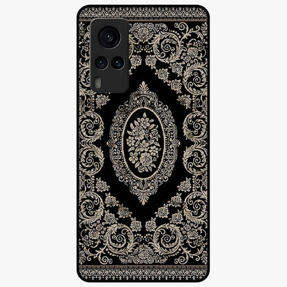 Noir Bloom Elegance Glass Case showing flat back view with elegant dark floral artwork and glossy glass finish.