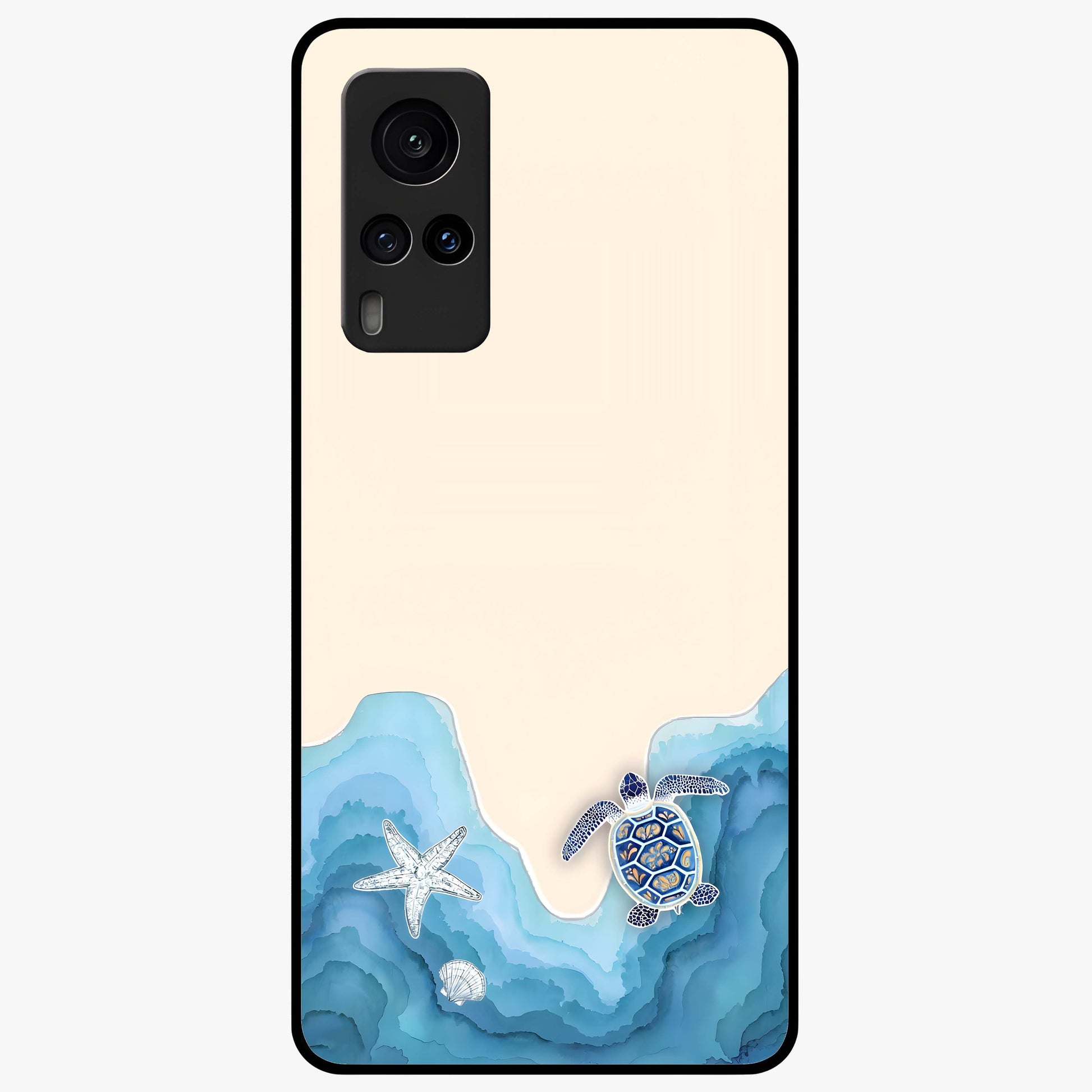 Ocean Drift Turtle Glass Case showing flat back view with sea turtle artwork and glossy glass finish.