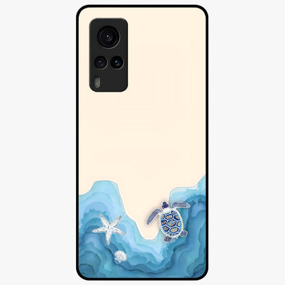Ocean Drift Turtle Glass Case showing flat back view with sea turtle artwork and glossy glass finish.