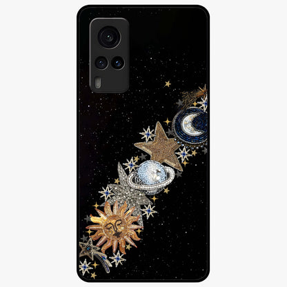 Pearls Universe Object Glass Case showing flat back view with pearl inspired cosmic artwork and glossy glass finish.