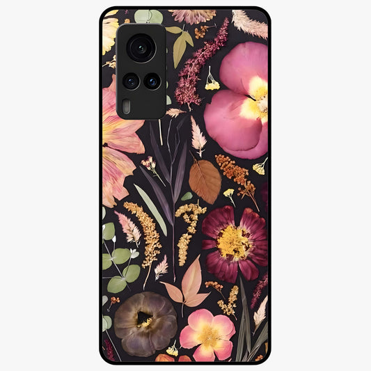 Petal Dream Tapestry Glass Case showing flat back view with intricate floral tapestry artwork and glossy glass finish.