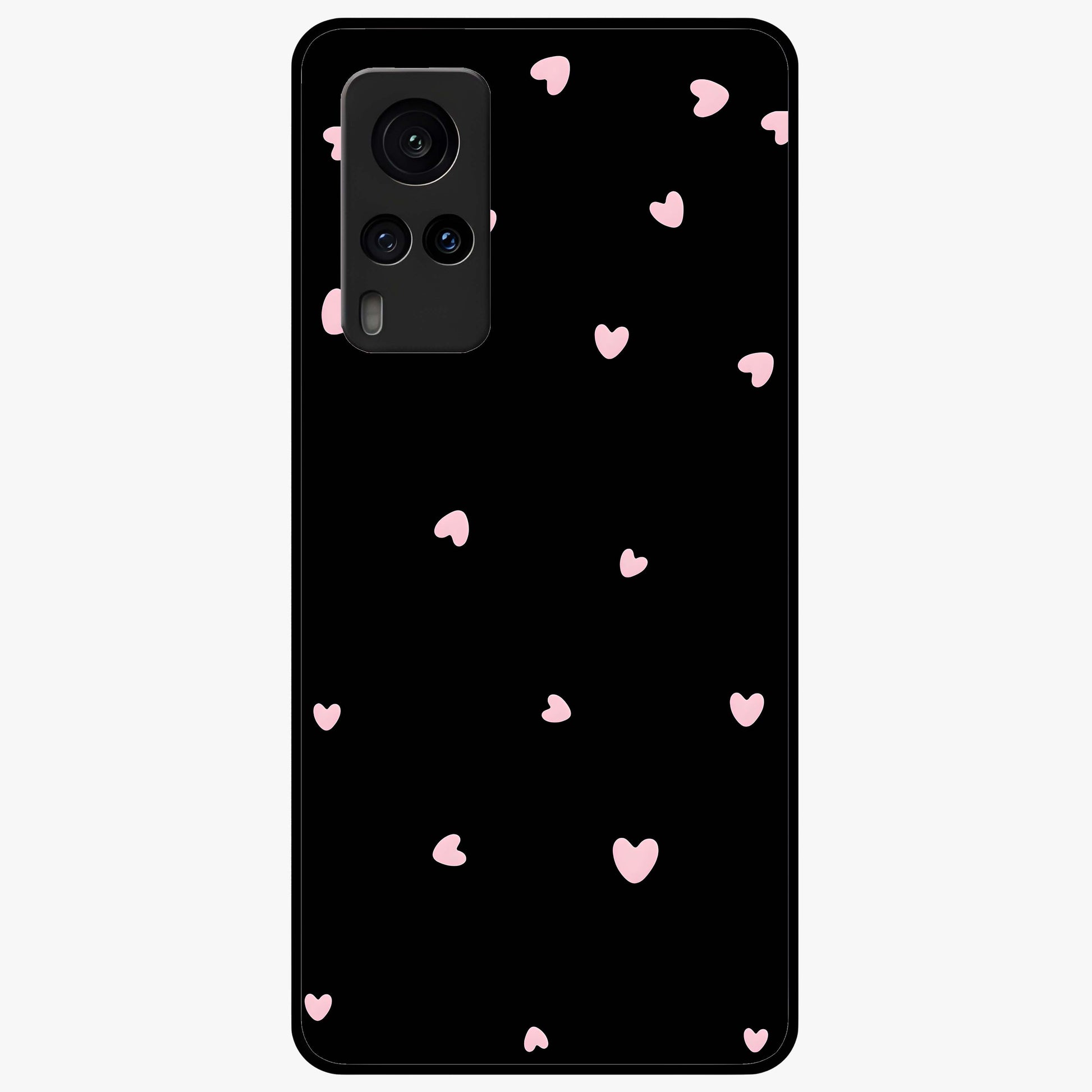 Pink Love Drops Glass Case showing flat back view with playful pink heart drops artwork and glossy glass finish.