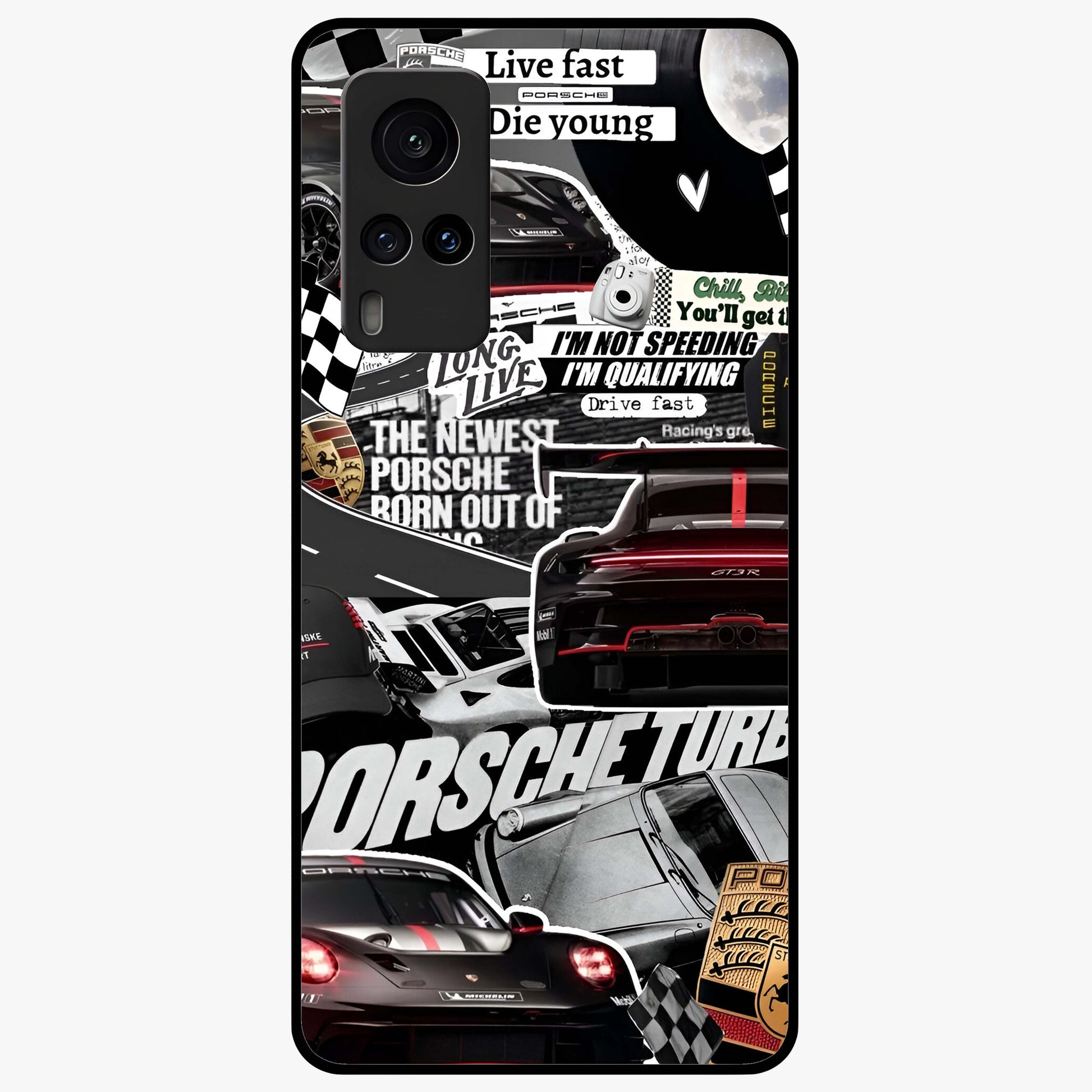 Porsche Racing Collage Glass Case showing flat back view with sports car racing collage artwork and glossy glass finish.