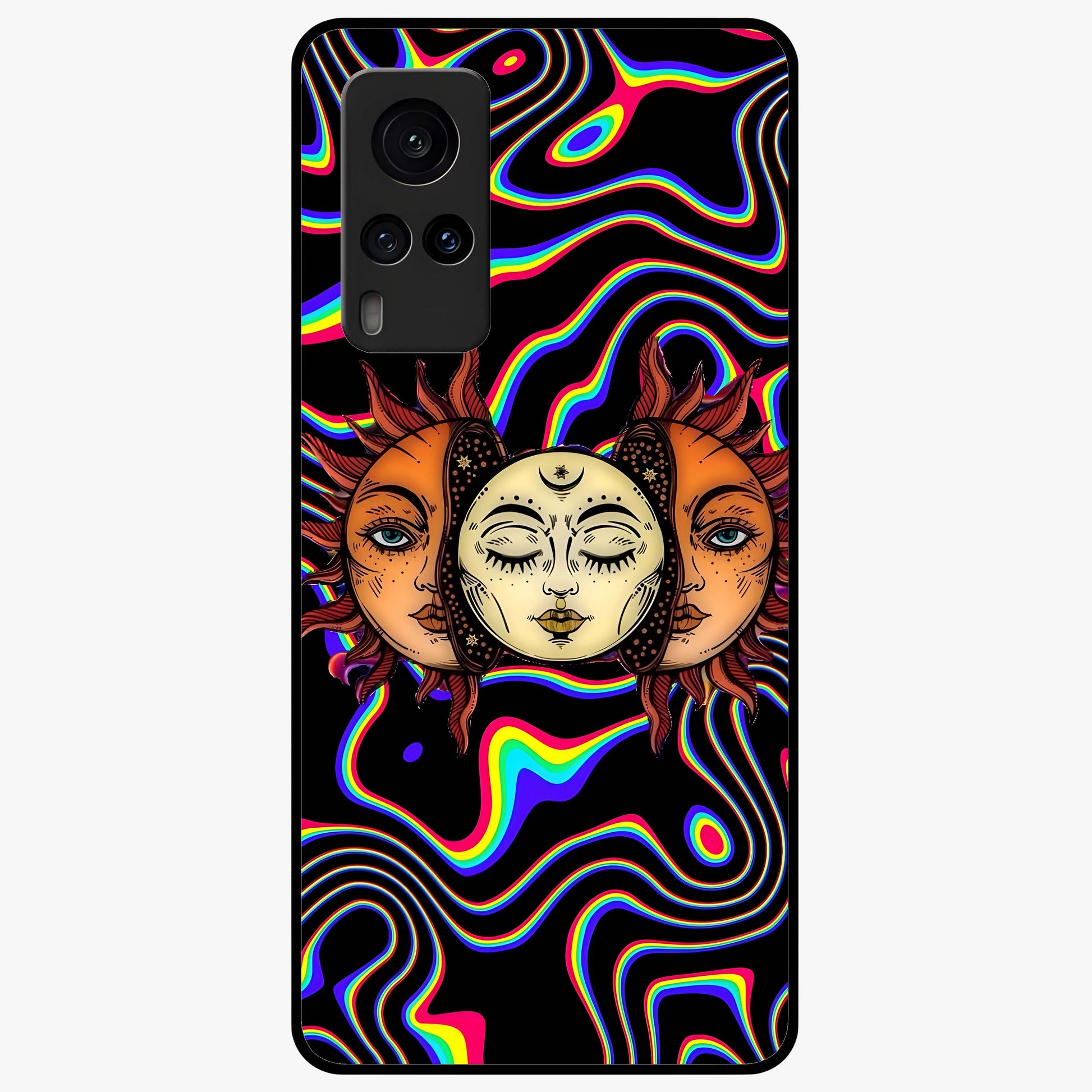 Psychedelic Sun Glass Case showing flat back view with colorful psychedelic sun artwork and glossy glass finish.