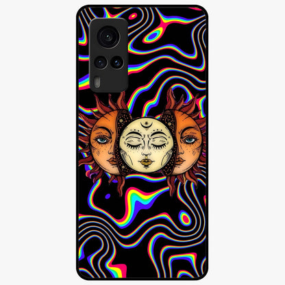 Psychedelic Sun Glass Case showing flat back view with colorful psychedelic sun artwork and glossy glass finish.