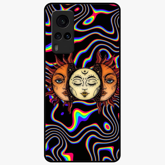 Psychedelic Sun Glass Case showing flat back view with colorful psychedelic sun artwork and glossy glass finish.