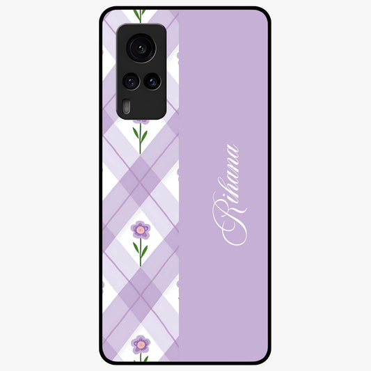 Purple Diamond Floral Glass Case showing flat back view with diamond shaped floral artwork and glossy glass finish.