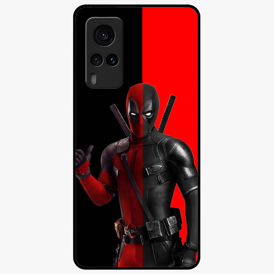 Red & Black Deadpool Theme Glass Case showing flat back view with bold comic inspired artwork and glossy glass finish.