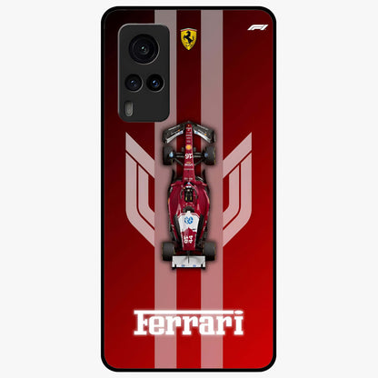 Red Ferrari F1 Vertical Glass Case showing flat back view with sleek Formula racing car artwork and glossy glass finish.