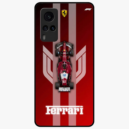 Red Ferrari F1 Vertical Glass Case showing flat back view with sleek Formula racing car artwork and glossy glass finish.