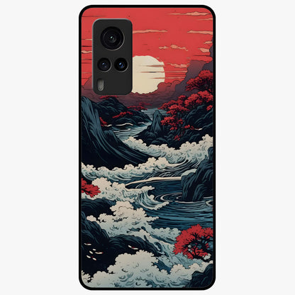 Red Sunset Scenery Glass Case showing flat back view with vibrant sunset landscape artwork and glossy glass finish.