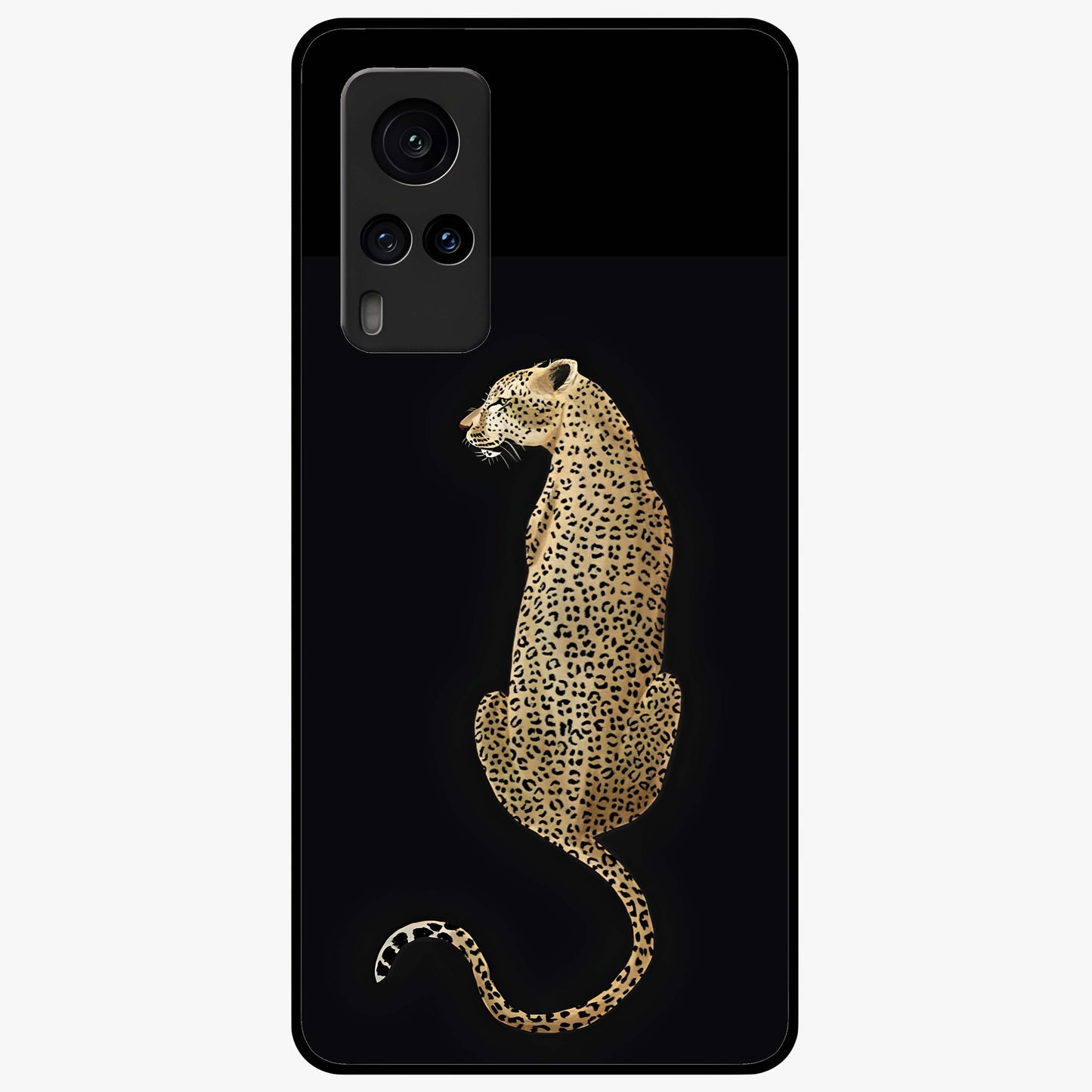 Regal Leopard Glass Case showing flat back view with bold leopard artwork and glossy glass finish.