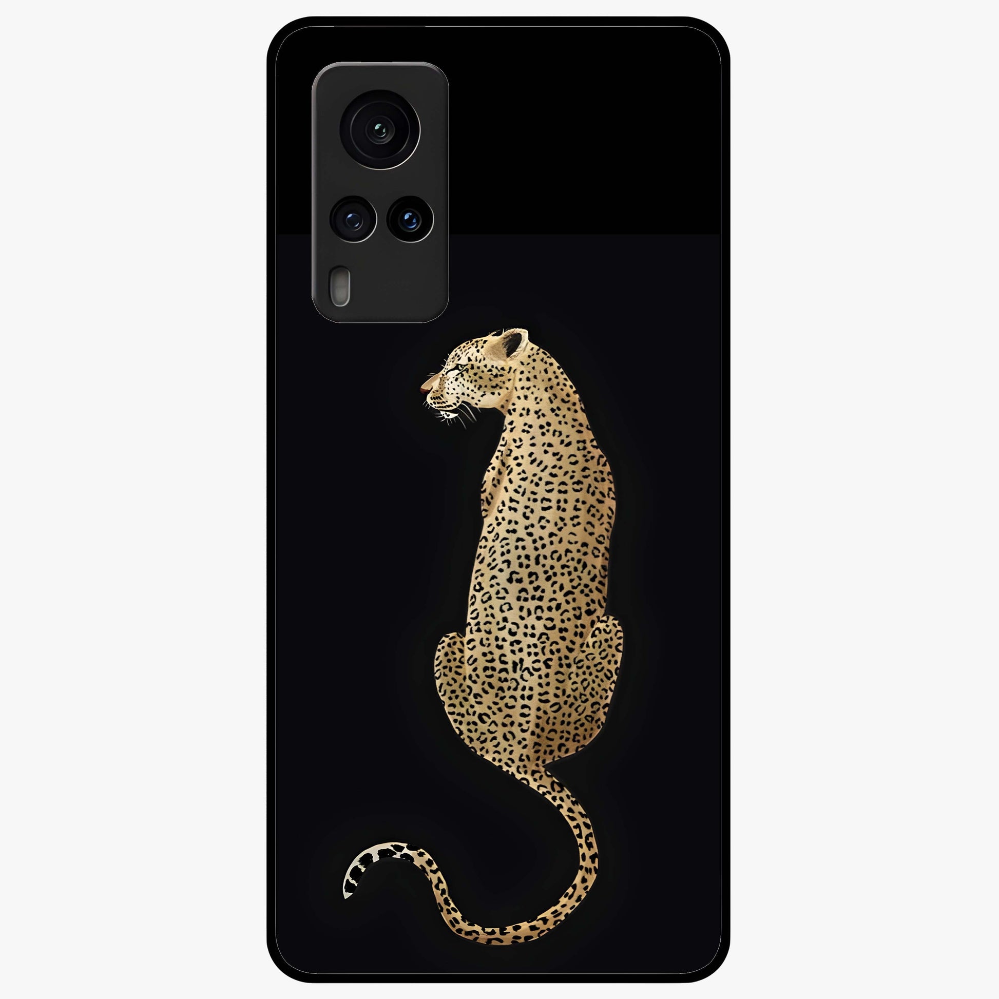 Regal Leopard Glass Case showing flat back view with bold leopard artwork and glossy glass finish.