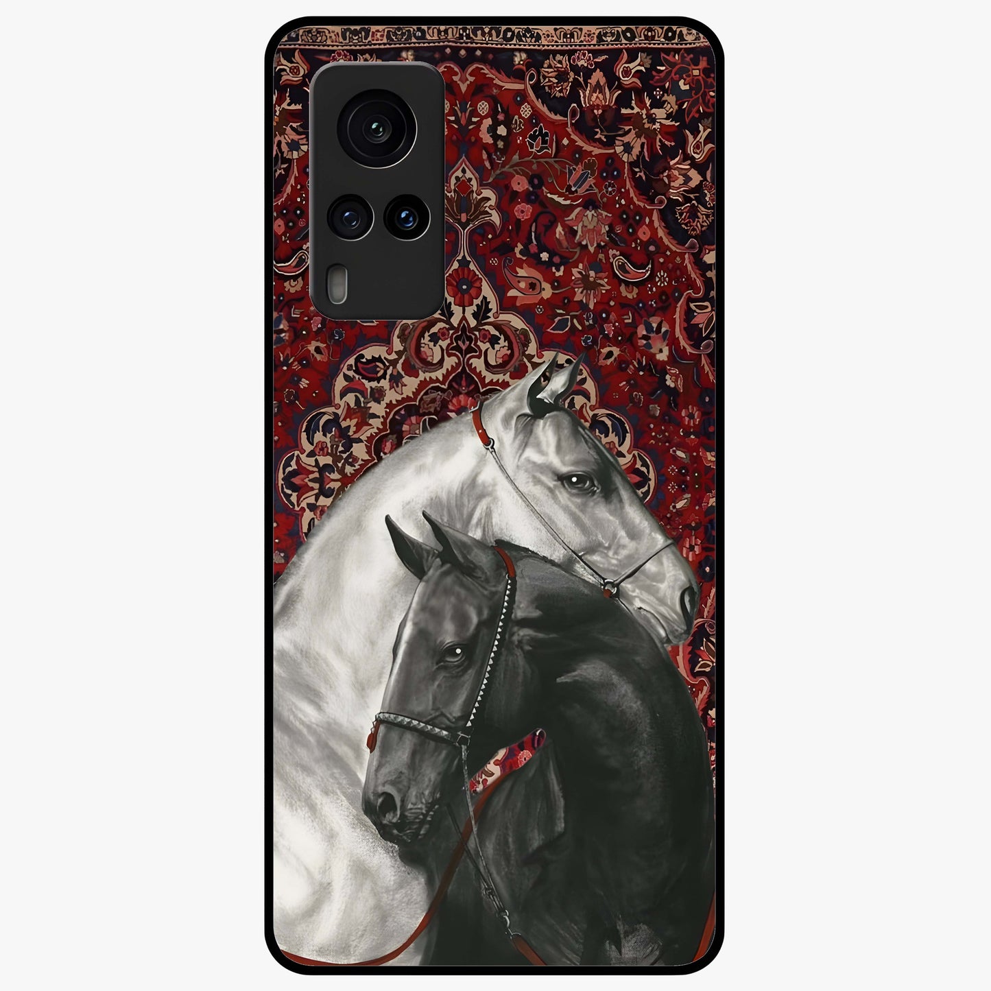 Regal Stallion Tapestry Glass Case showing flat back view with majestic horse tapestry artwork and glossy glass finish.