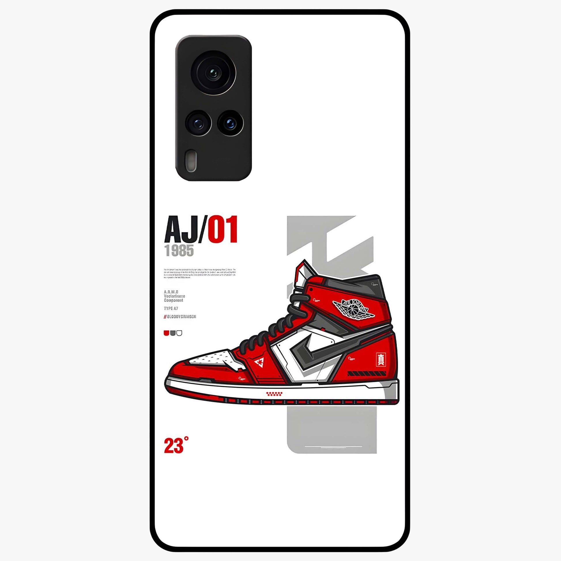Retro Sneaker Blueprint Glass Case showing flat back view with sneaker blueprint style artwork and glossy glass finish.