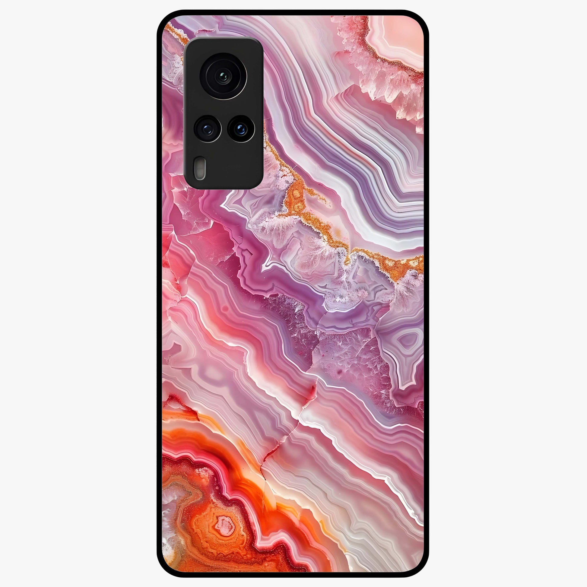 Rose Quartz Marble Glass Case showing flat back view with pink marble quartz texture artwork and glossy glass finish.