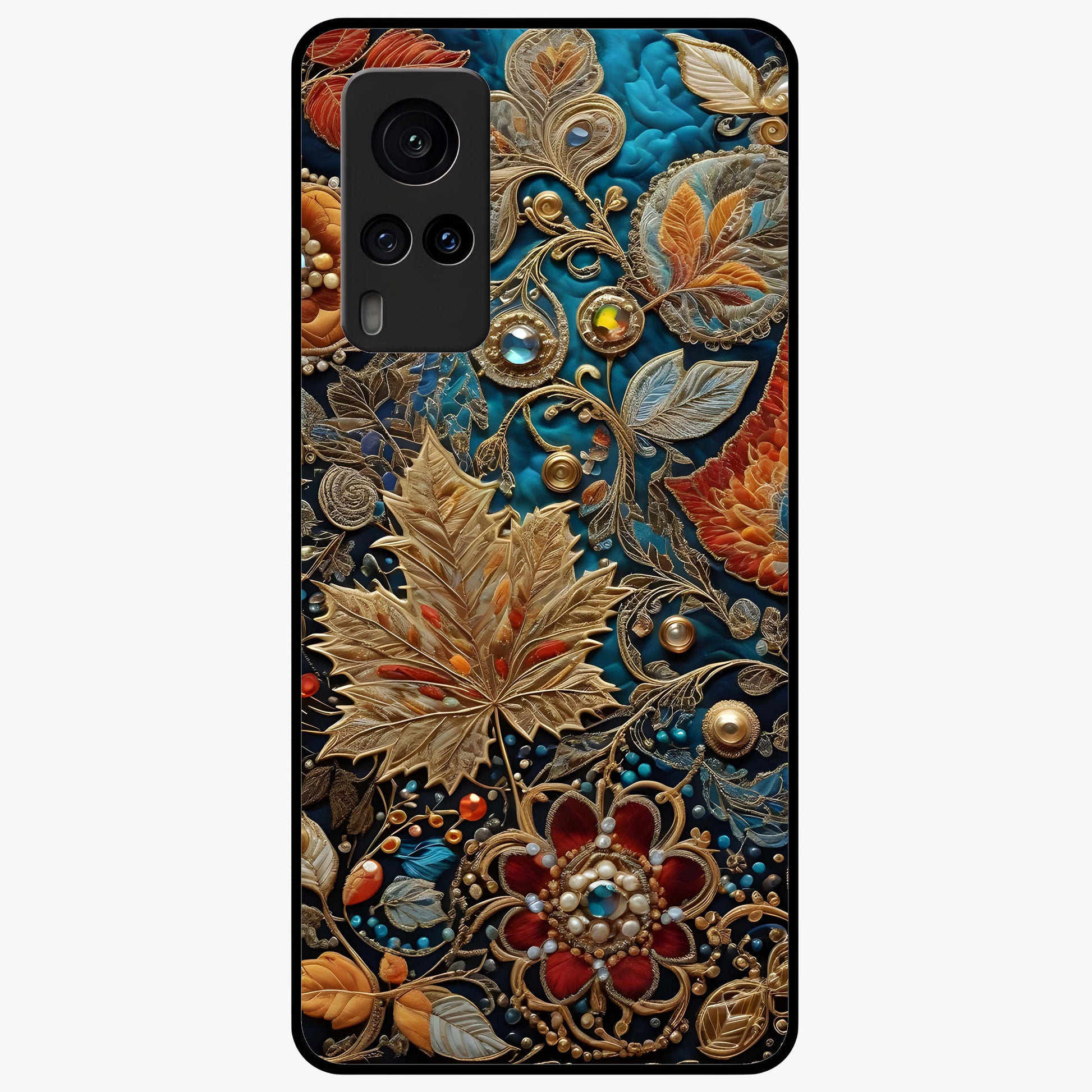 Royal Jewel Garden Glass Case showing flat back view with decorative floral garden artwork and glossy glass finish.