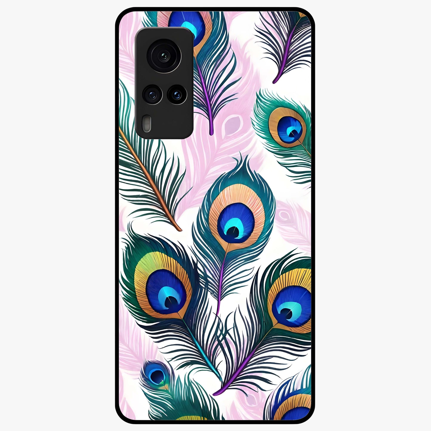 Royal Peacock Feathers Glass Case showing flat back view with colorful peacock feather artwork and glossy glass finish.