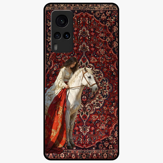 Royal Rider Tapestry Glass Case showing flat back view with majestic horse rider tapestry artwork and glossy glass finish.
