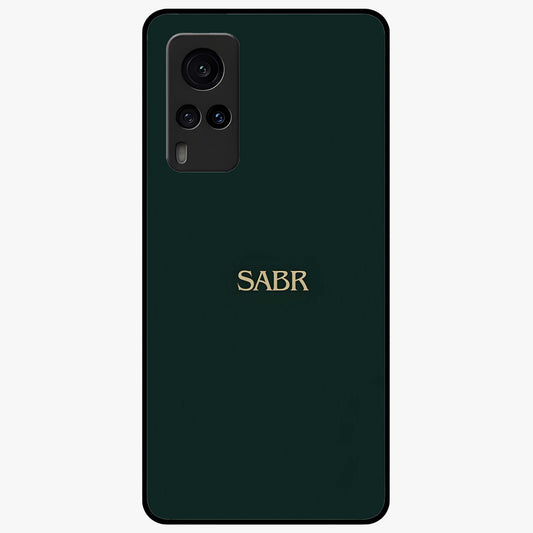 Sabr Minimal Patience Glass Case showing flat back view with minimalist typography artwork and glossy glass finish.