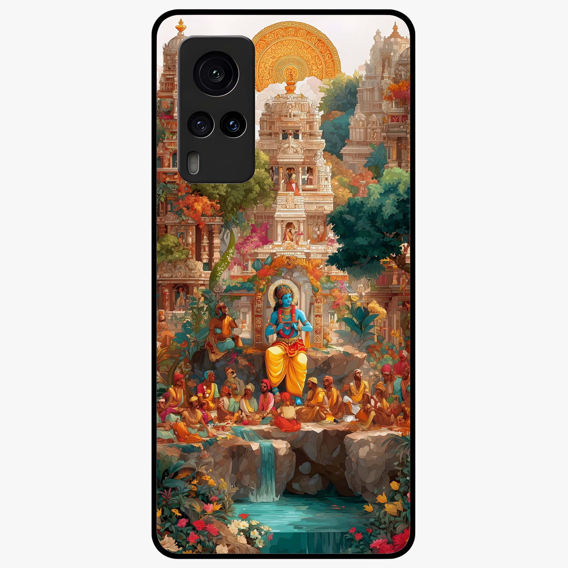 Sacred Sunlight Gods Glass Case showing flat back view with divine sunlight themed artwork and glossy glass finish.