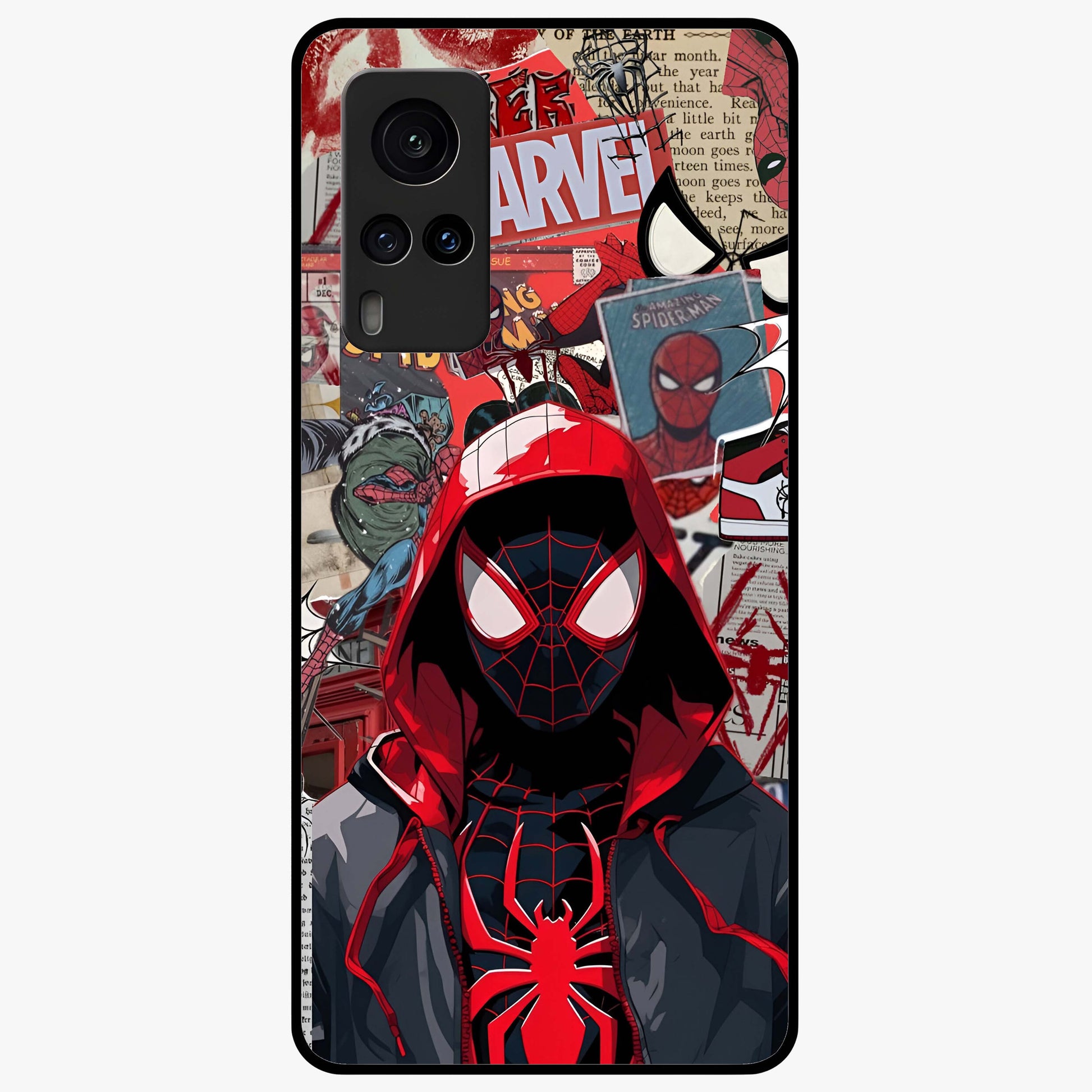 Spider Collage Street Glass Case showing flat back view with vibrant superhero collage artwork and glossy glass finish.