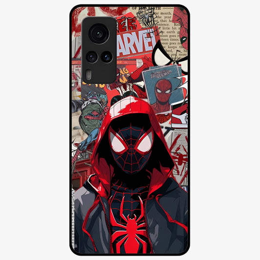 Spider Collage Street Glass Case showing flat back view with vibrant superhero collage artwork and glossy glass finish.