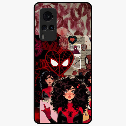 Spider Love Story Glass Case showing flat back view with romantic superhero themed artwork and glossy glass finish.