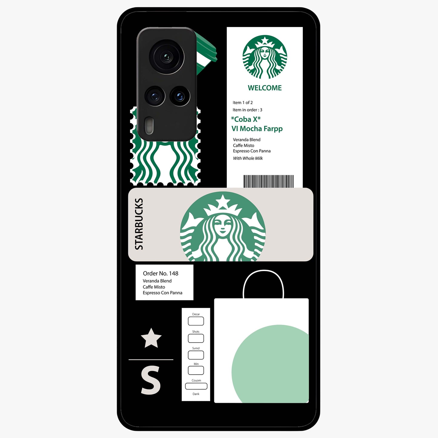 Starbucks Mocha Glass Case showing flat back view with coffee inspired artwork and glossy glass finish.