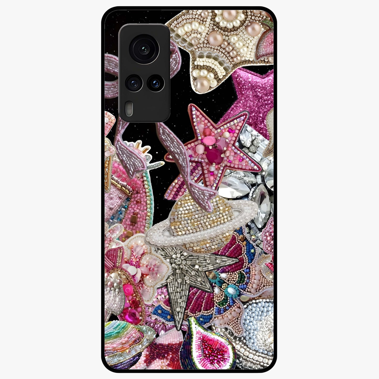 Starlit Jewel Dream Glass Case showing flat back view with sparkling jewel and star themed artwork and glossy glass finish.
