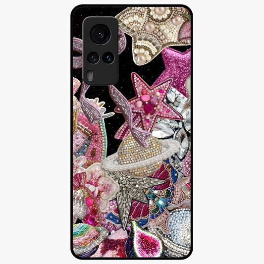 Starlit Jewel Dream Glass Case showing flat back view with sparkling jewel and star themed artwork and glossy glass finish.