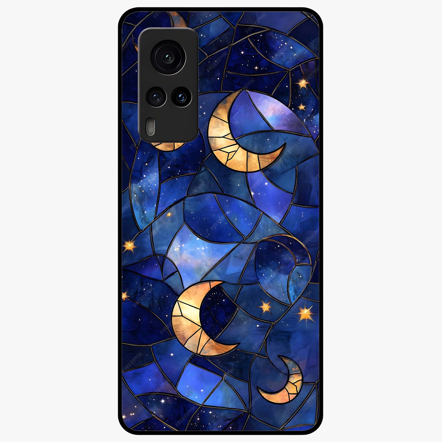 Starlit Sky Tapestry Glass Case showing flat back view with decorative starry sky tapestry artwork and glossy glass finish.