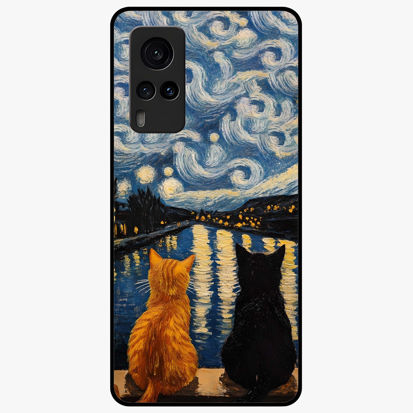 Starry River Cats Glass Case showing flat back view with cats by a starry river artwork and glossy glass finish.