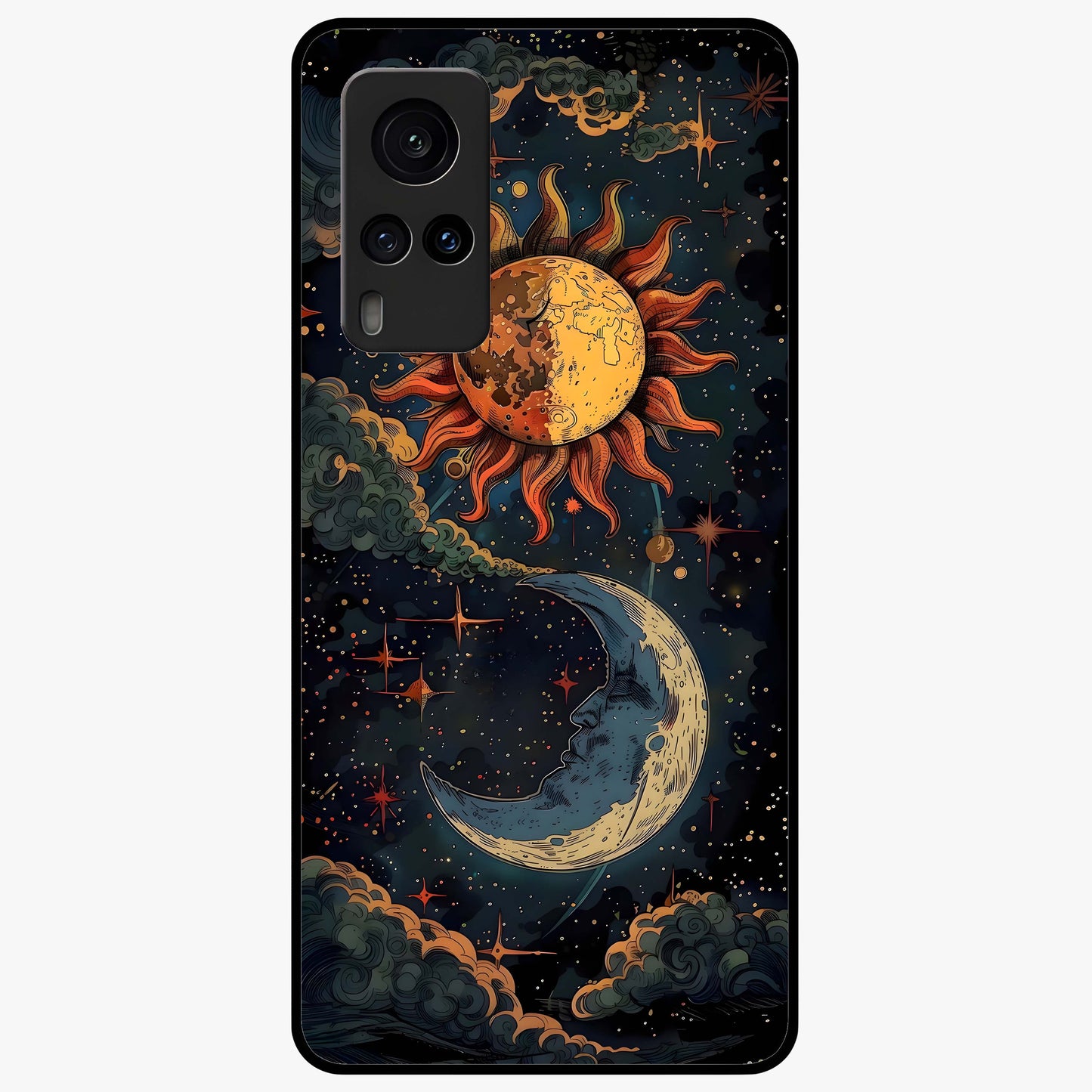 Sun And Moon Magic Design Glass Case showing flat back view with mystical sun and moon artwork and glossy glass finish.