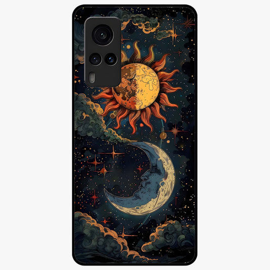 Sun And Moon Magic Design Glass Case showing flat back view with mystical sun and moon artwork and glossy glass finish.
