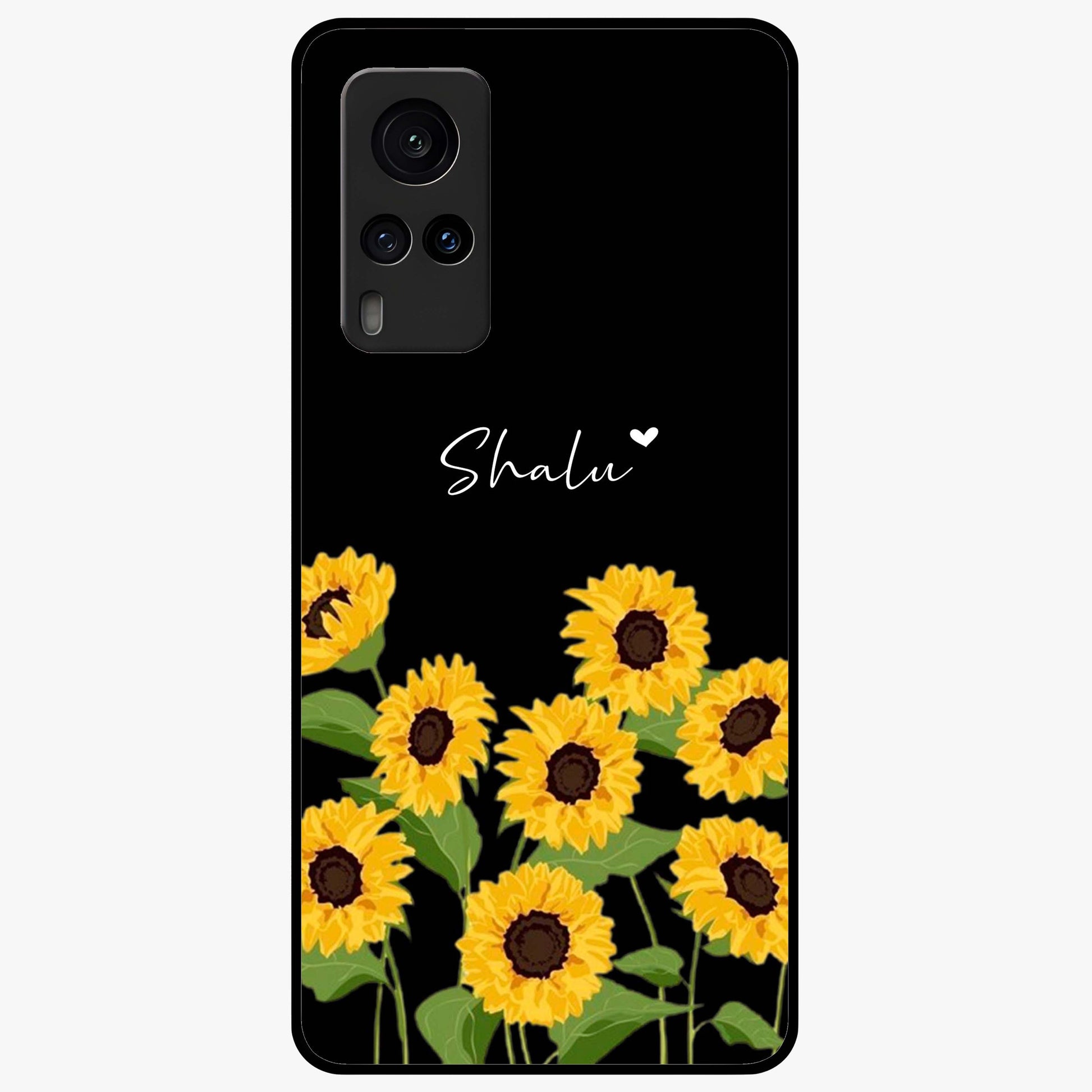 Sunflower Chic Mood Custom Name Glass Case showing flat back view with stylish sunflower artwork and personalized name design.