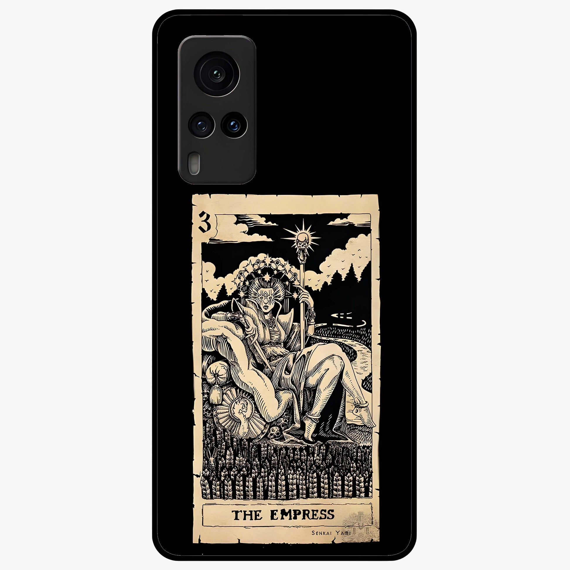 The Empress Glass Case showing flat back view with regal feminine artwork and glossy glass finish.
